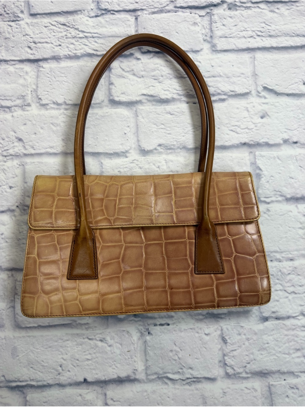 Y2K Vintage Cynthia Rowley Minimalist Croc-Embossed Tan Leather Shoulder Bag